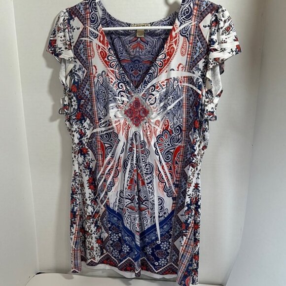 Energe world wear embellished floral flutter sleeve top size petite large - Picture 1 of 8